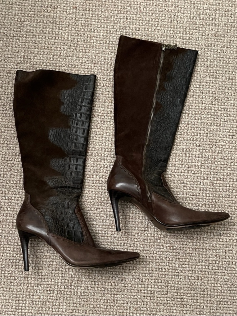 Modern Vintage Two-Tone Croc-Embossed Leather Boots